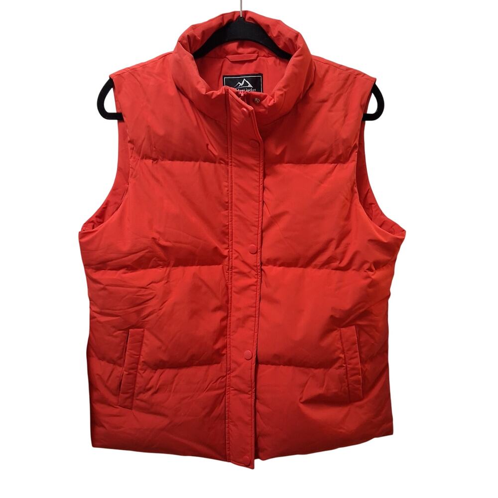Outdoor Jacket Quilted Puffer Vest Zipper Snap Button Red Size-L
